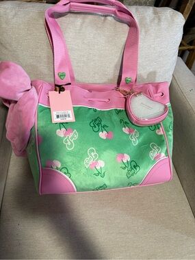JUICY COUTURE RETRO JUICY CHERRY TOTE W BIG PINK BOW HEART CHARM CHERRIES 🍒
